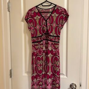 Pink Beige Black Short Sleeve V Neck Abstract Pattern Maxi Dress